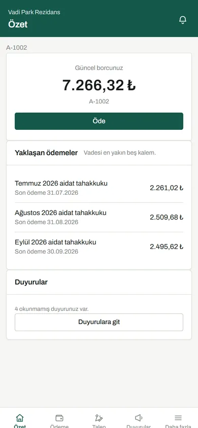Sakin portalı: güncel borç, yaklaşan ödemeler ve duyurular